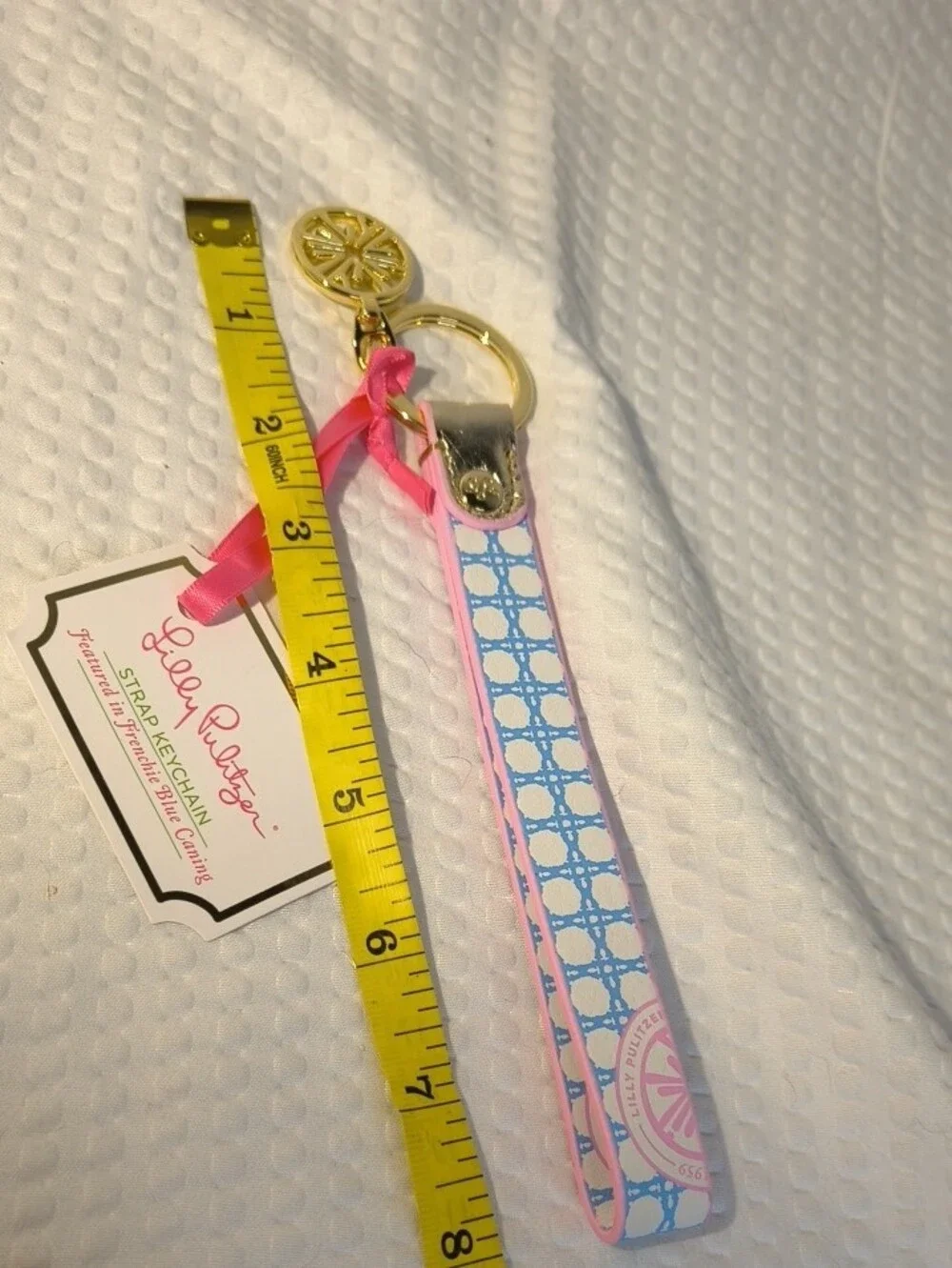 Lilly Pulitzer Pink and Light Blue Patterned Wristlet Keychain With Charm